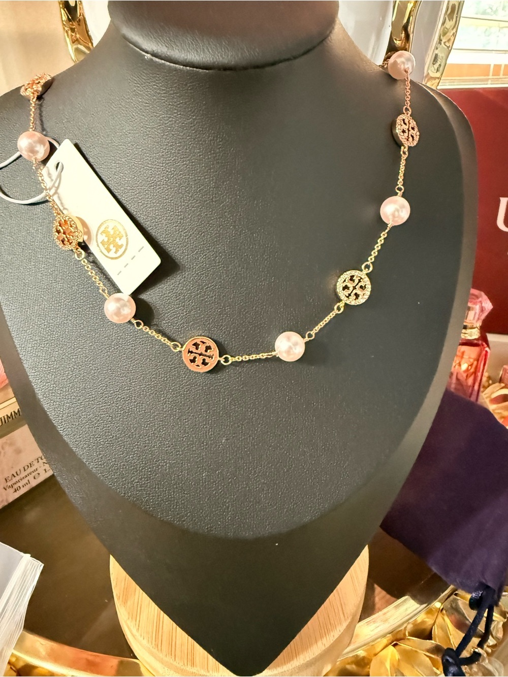 Tory Burch Rose Gold Pearl and Pave Necklace - short almost choker style
